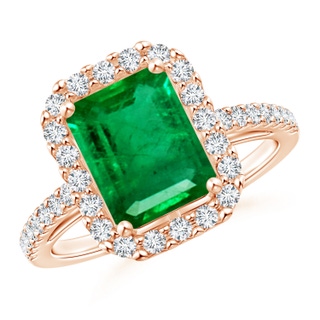 9x7mm AAA Emerald-Cut Emerald Halo Ring in 9K Rose Gold