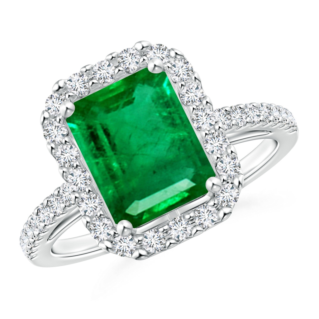 9x7mm AAA Emerald-Cut Emerald Halo Ring in White Gold
