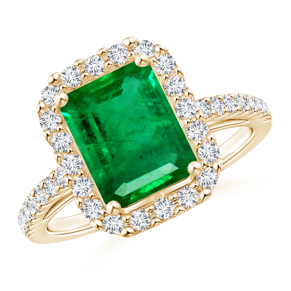 9x7mm AAA Emerald-Cut Emerald Halo Ring in Yellow Gold 