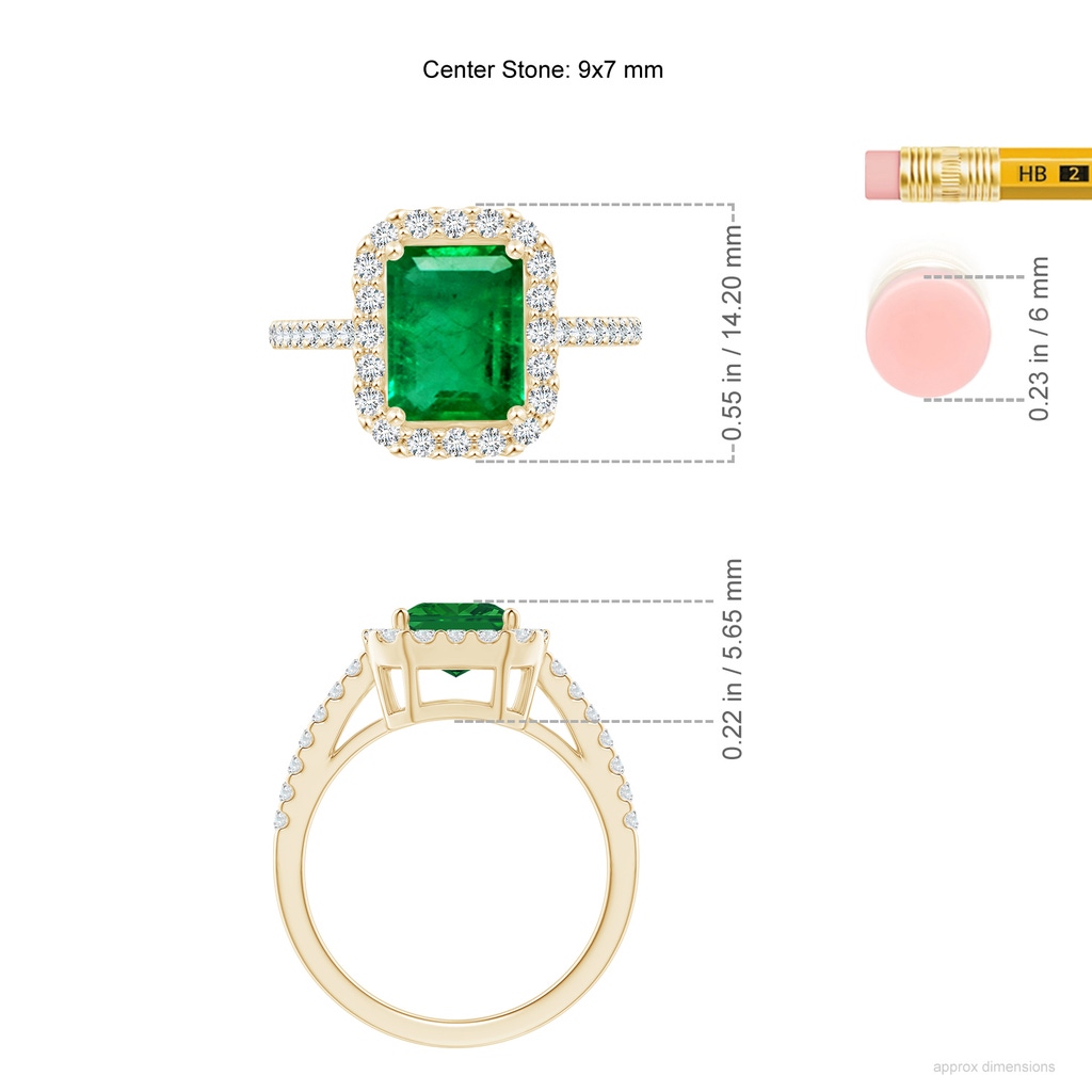 9x7mm AAA Emerald-Cut Emerald Halo Ring in Yellow Gold ruler