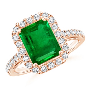 9x7mm AAAA Emerald-Cut Emerald Halo Ring in Rose Gold