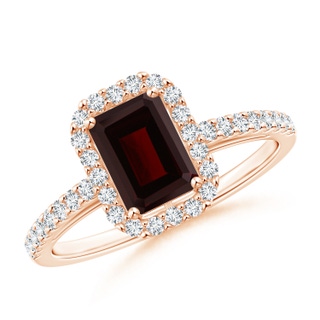 7x5mm A Emerald-Cut Garnet Halo Ring in Rose Gold