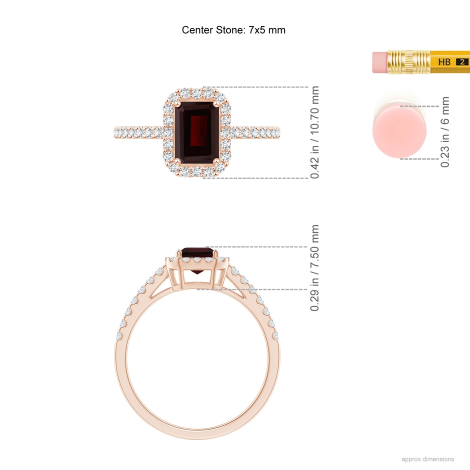 7x5mm A Emerald-Cut Garnet Halo Ring in Rose Gold ruler