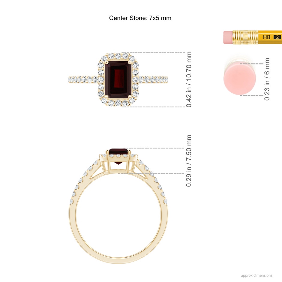 7x5mm A Emerald-Cut Garnet Halo Ring in Yellow Gold ruler