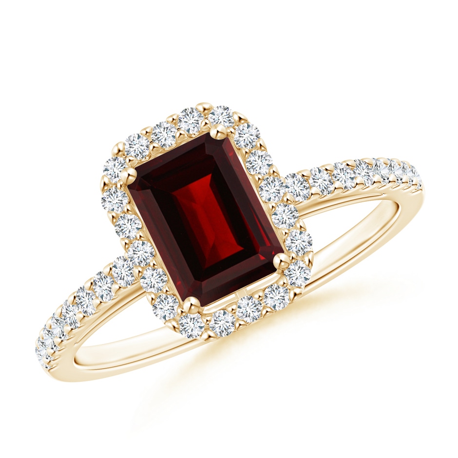 7x5mm AA Emerald-Cut Garnet Halo Ring in Yellow Gold 