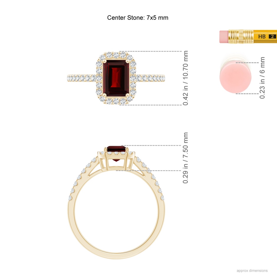 7x5mm AA Emerald-Cut Garnet Halo Ring in Yellow Gold ruler