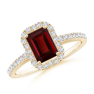 7x5mm AAA Emerald-Cut Garnet Halo Ring in 9K Yellow Gold