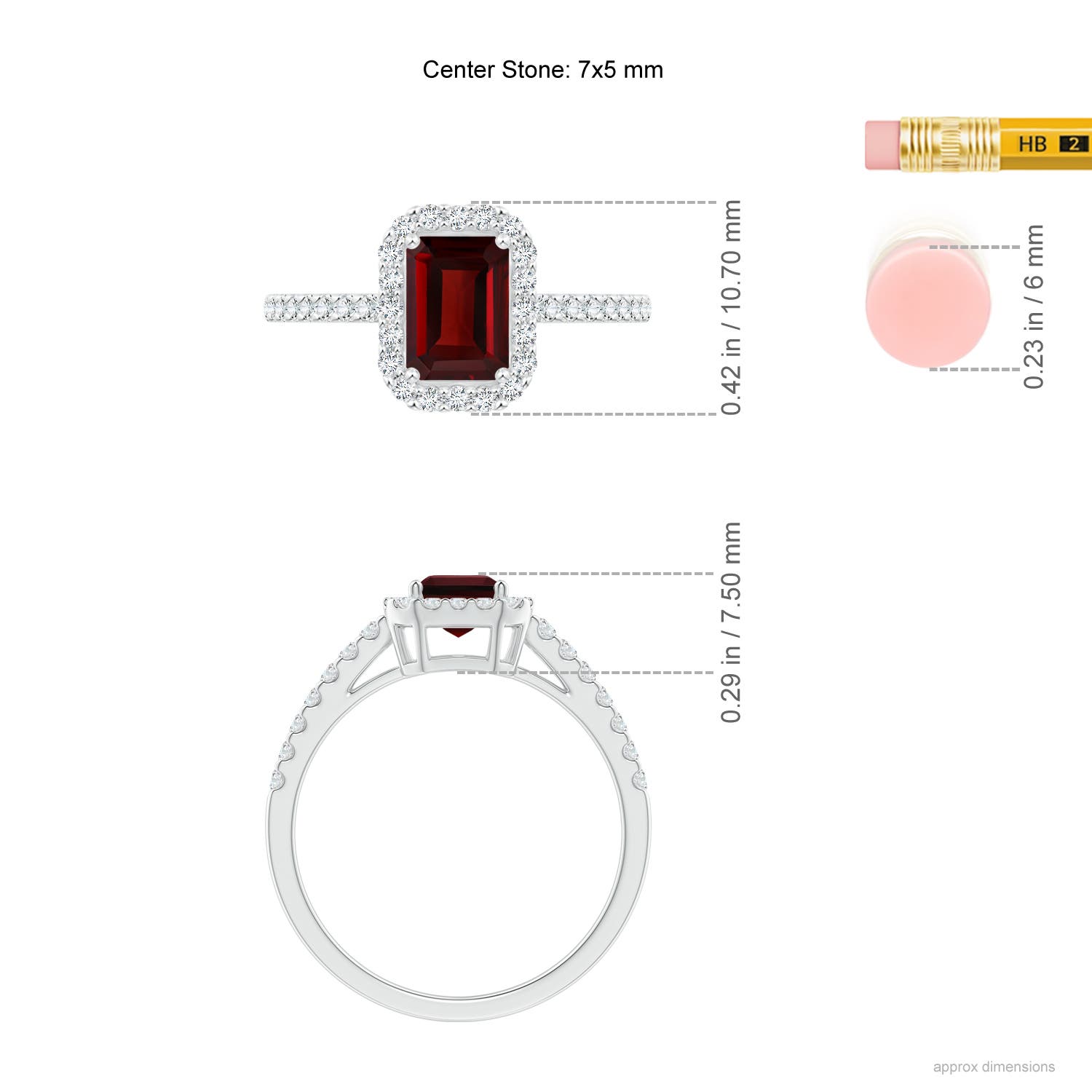 7x5mm AAA Emerald-Cut Garnet Halo Ring in P950 Platinum - ruler