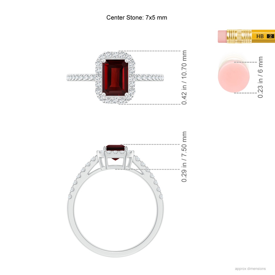 7x5mm AAA Emerald-Cut Garnet Halo Ring in White Gold ruler