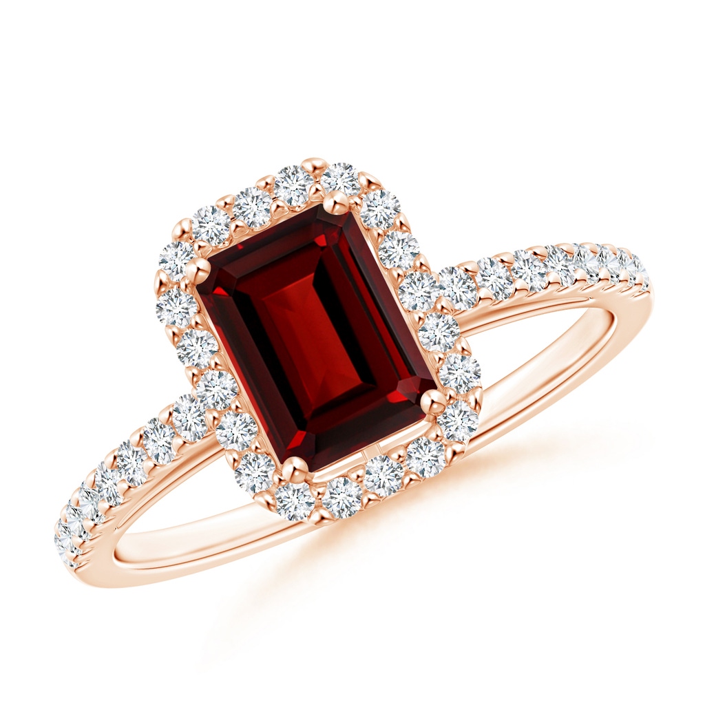 7x5mm AAAA Emerald-Cut Garnet Halo Ring in Rose Gold