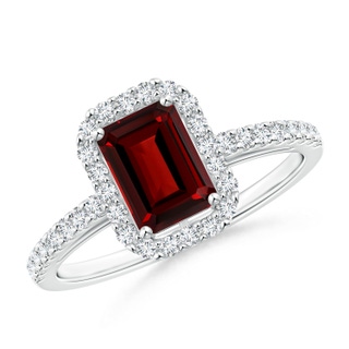 7x5mm AAAA Emerald-Cut Garnet Halo Ring in White Gold