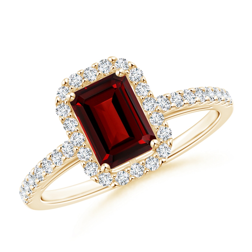 7x5mm AAAA Emerald-Cut Garnet Halo Ring in Yellow Gold