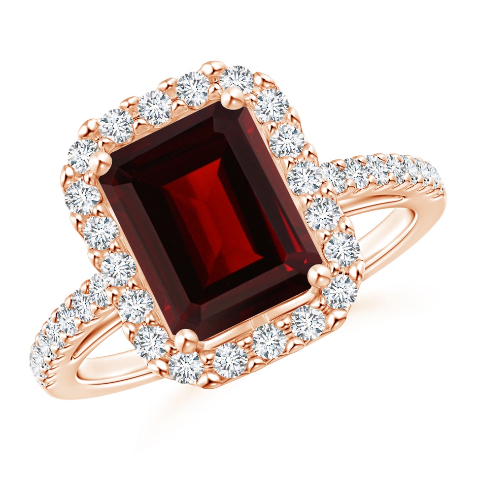 9x7mm AA Emerald-Cut Garnet Halo Ring in Rose Gold 