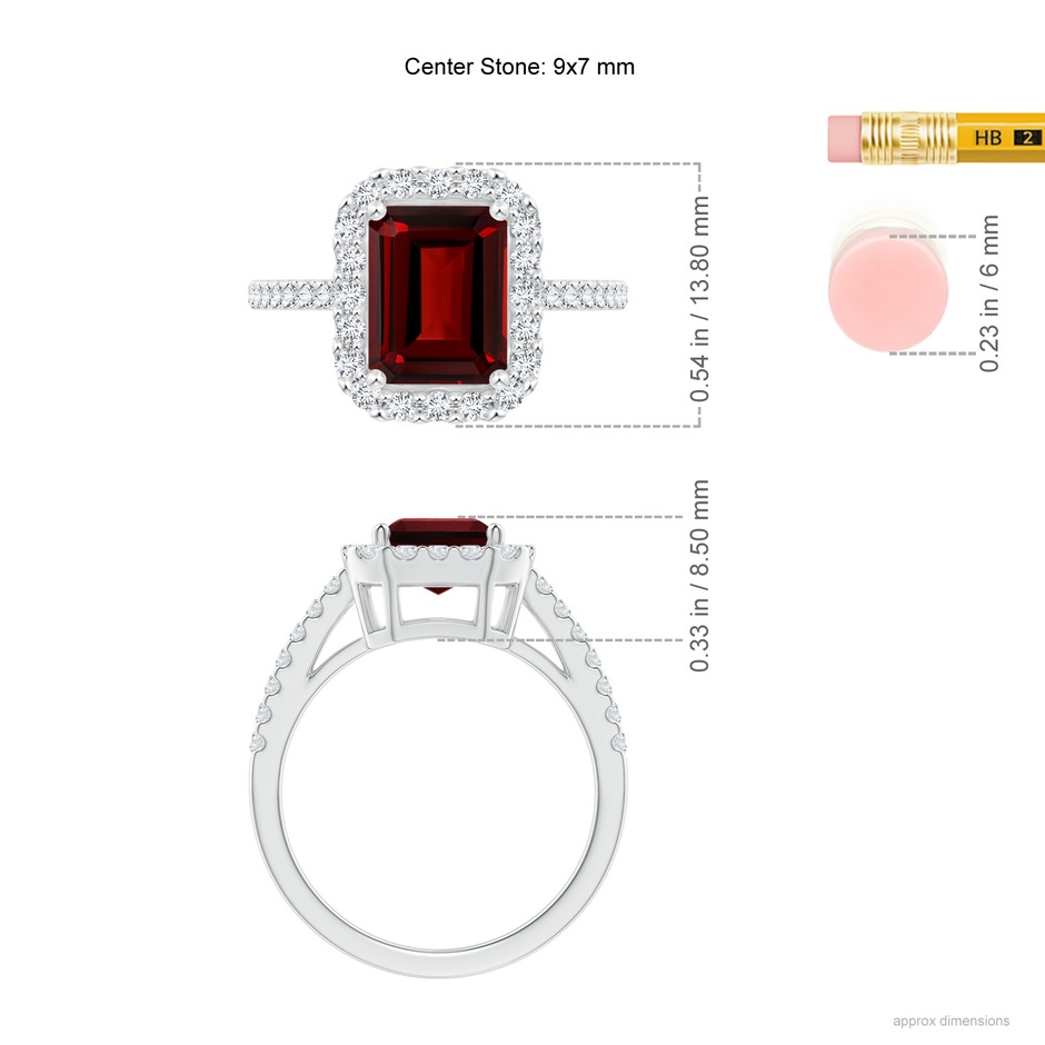 9x7mm AAAA Emerald-Cut Garnet Halo Ring in P950 Platinum ruler