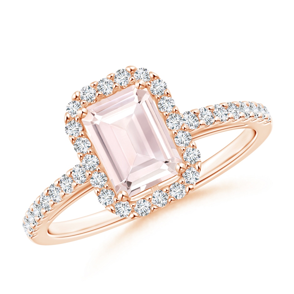 7x5mm A Emerald-Cut Morganite Halo Ring in Rose Gold 