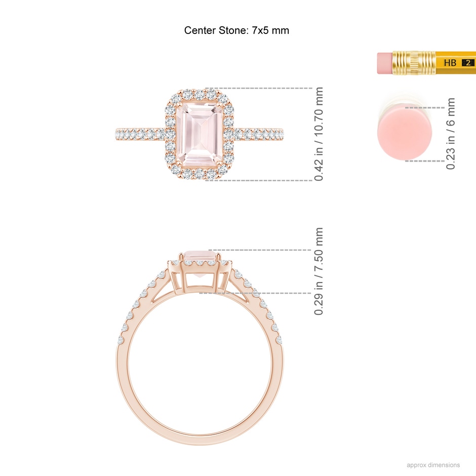 7x5mm A Emerald-Cut Morganite Halo Ring in Rose Gold ruler