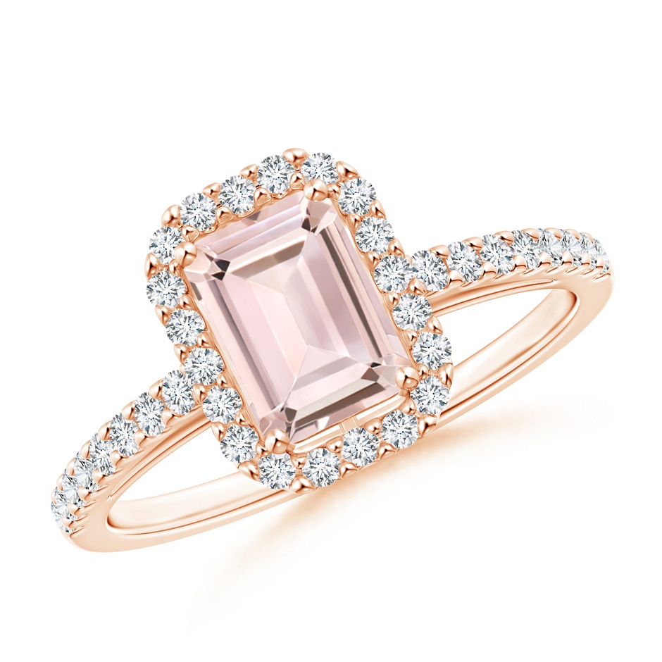 7x5mm AA Emerald-Cut Morganite Halo Ring in Rose Gold 