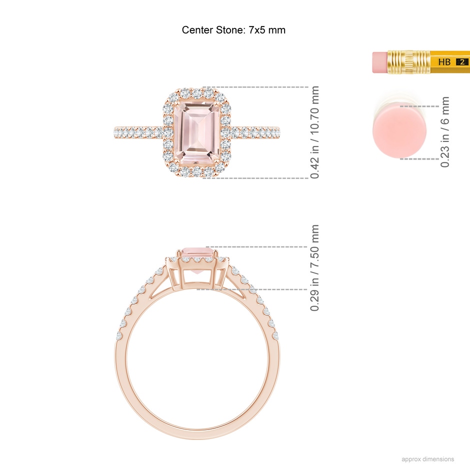 7x5mm AA Emerald-Cut Morganite Halo Ring in Rose Gold ruler