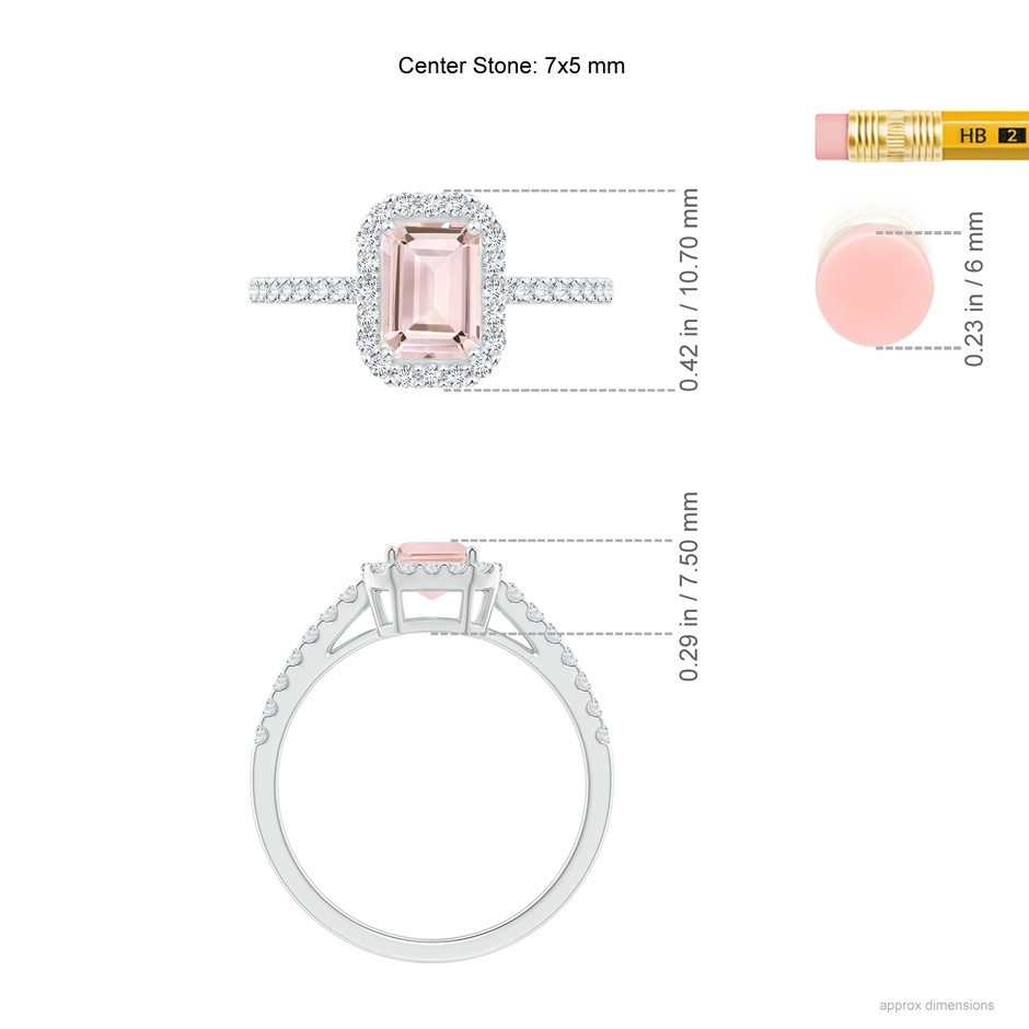 7x5mm AA Emerald-Cut Morganite Halo Ring in White Gold ruler