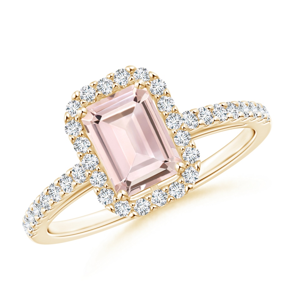 7x5mm AA Emerald-Cut Morganite Halo Ring in Yellow Gold 