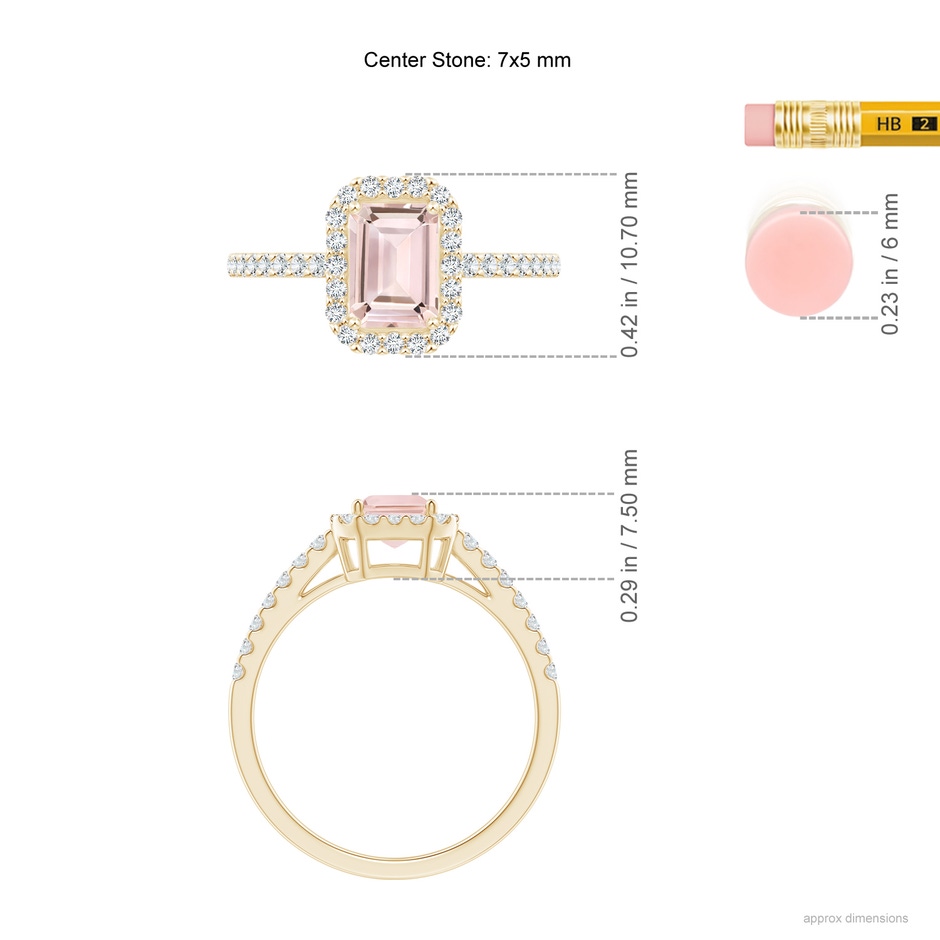 7x5mm AA Emerald-Cut Morganite Halo Ring in Yellow Gold ruler