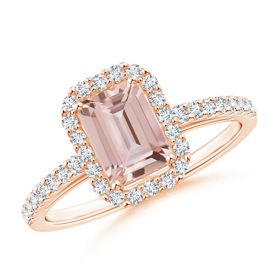 7x5mm AAA Emerald-Cut Morganite Halo Ring in Rose Gold 