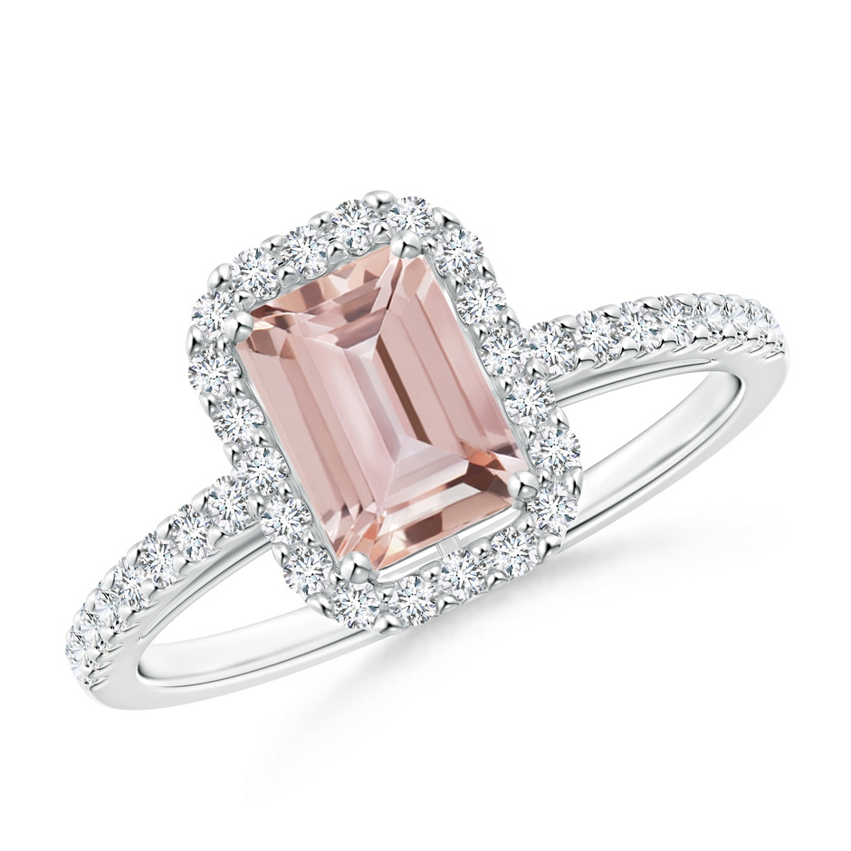 7x5mm AAA Emerald-Cut Morganite Halo Ring in White Gold 