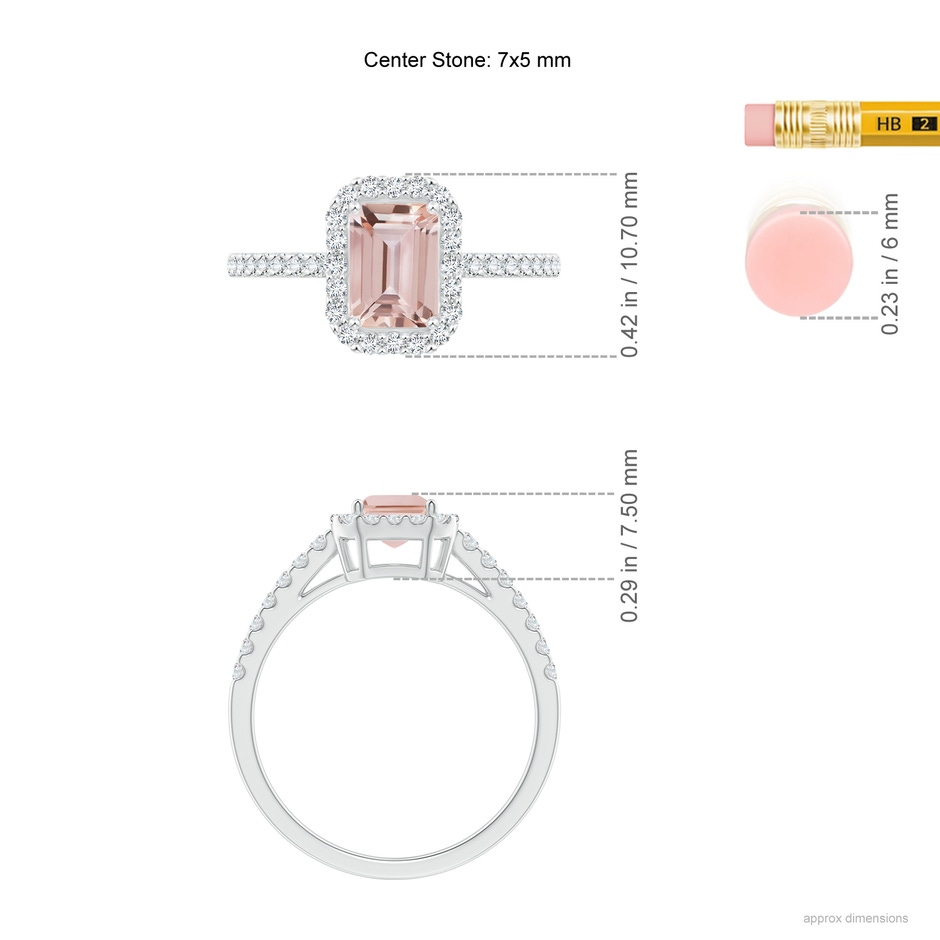 7x5mm AAA Emerald-Cut Morganite Halo Ring in White Gold ruler