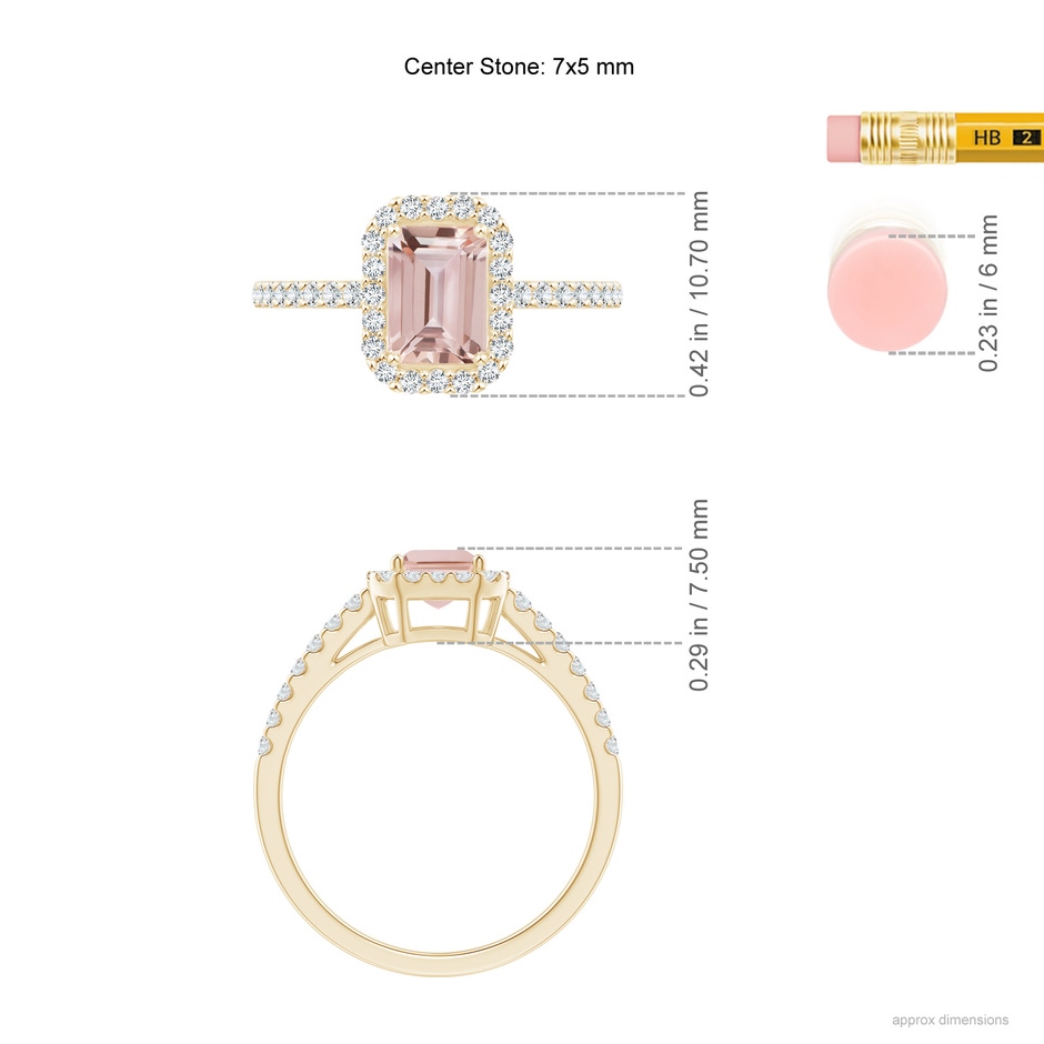 7x5mm AAA Emerald-Cut Morganite Halo Ring in Yellow Gold ruler