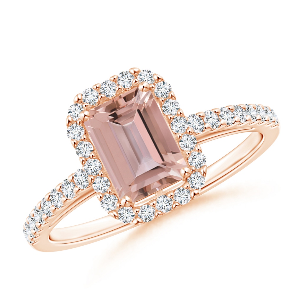 7x5mm AAAA Emerald-Cut Morganite Halo Ring in Rose Gold