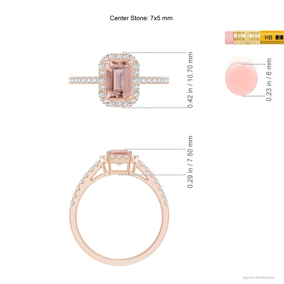 7x5mm AAAA Emerald-Cut Morganite Halo Ring in Rose Gold ruler