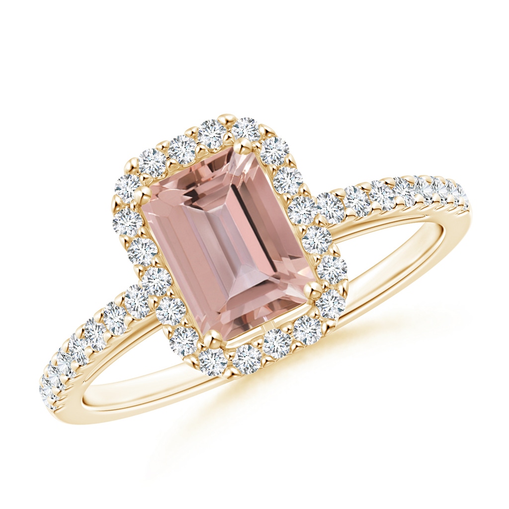 7x5mm AAAA Emerald-Cut Morganite Halo Ring in Yellow Gold