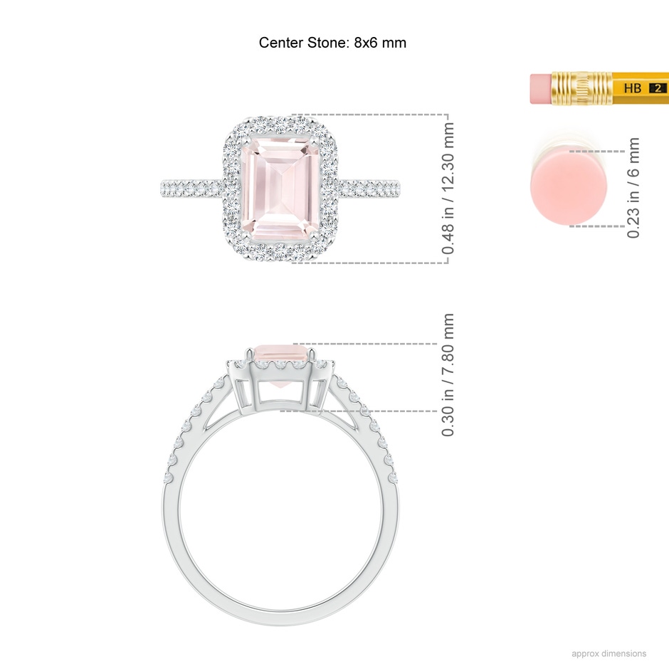 8x6mm A Emerald-Cut Morganite Halo Ring in 9K White Gold ruler