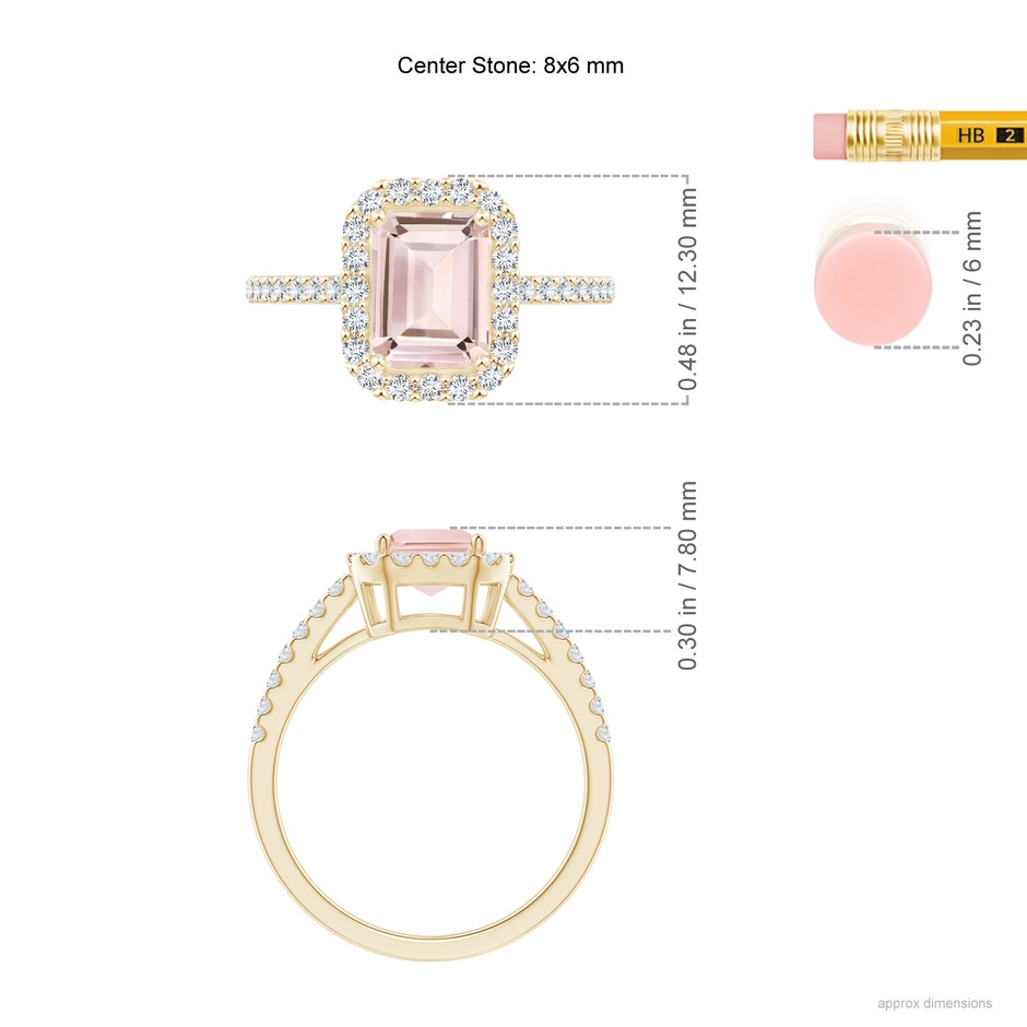 8x6mm AA Emerald-Cut Morganite Halo Ring in Yellow Gold ruler