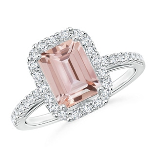 8x6mm AAA Emerald-Cut Morganite Halo Ring in White Gold