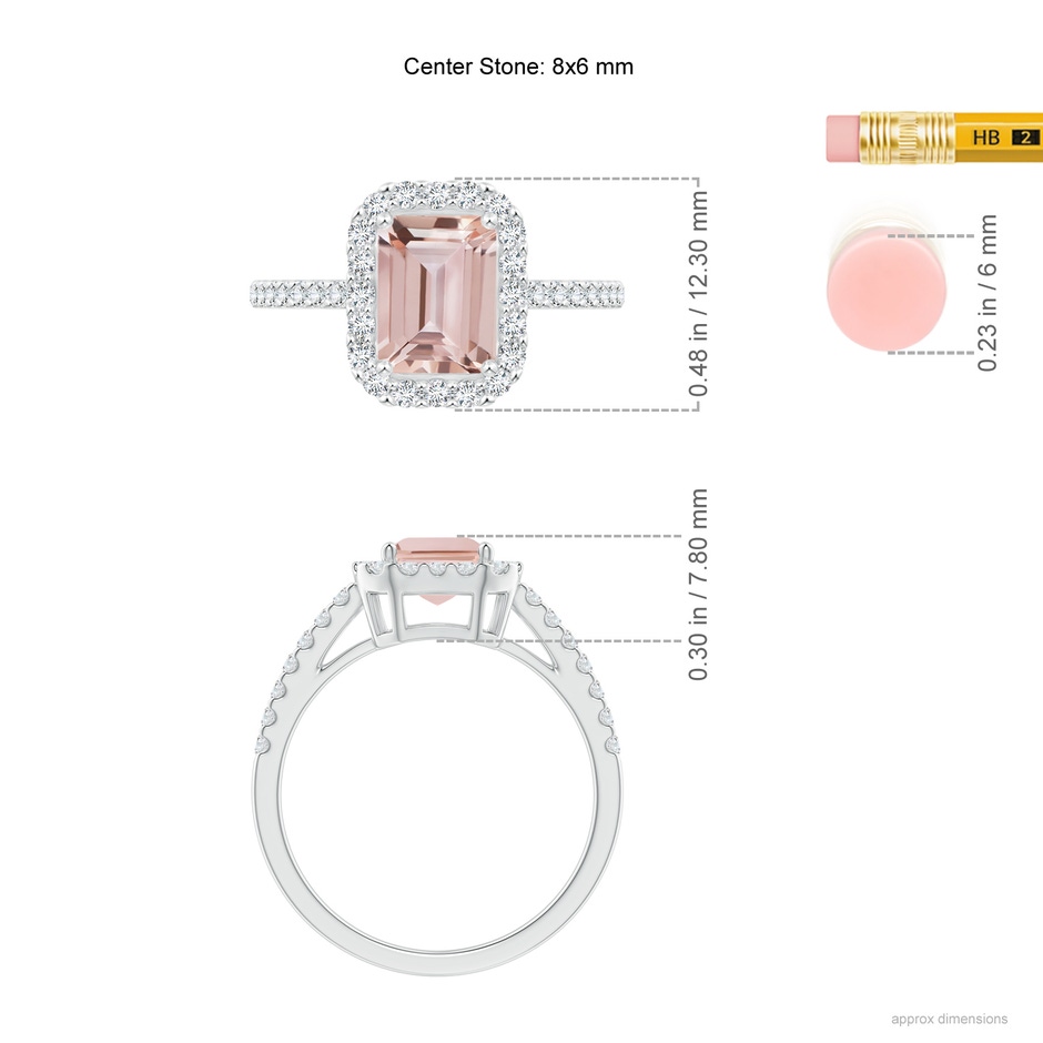 8x6mm AAA Emerald-Cut Morganite Halo Ring in White Gold ruler