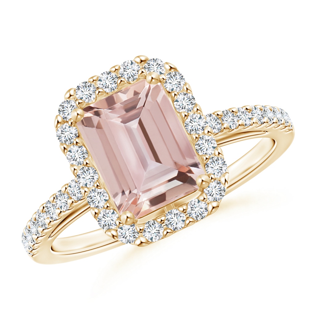 8x6mm AAA Emerald-Cut Morganite Halo Ring in Yellow Gold