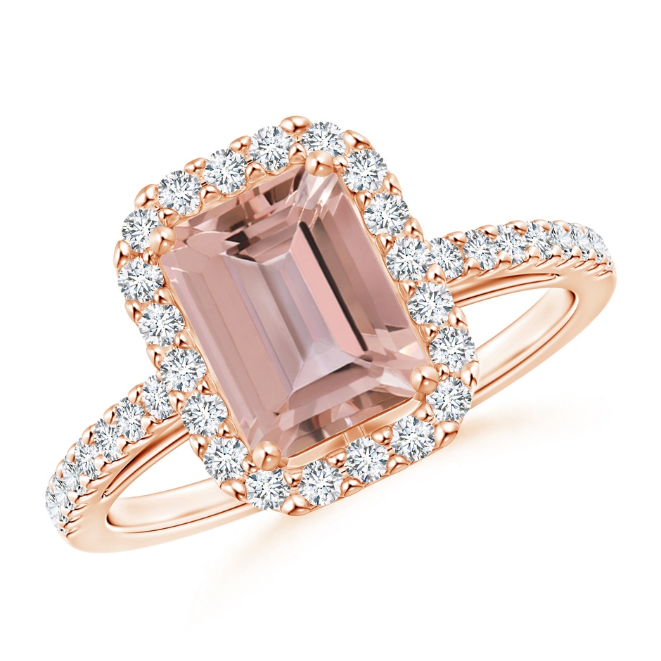 8x6mm AAAA Emerald-Cut Morganite Halo Ring in Rose Gold 