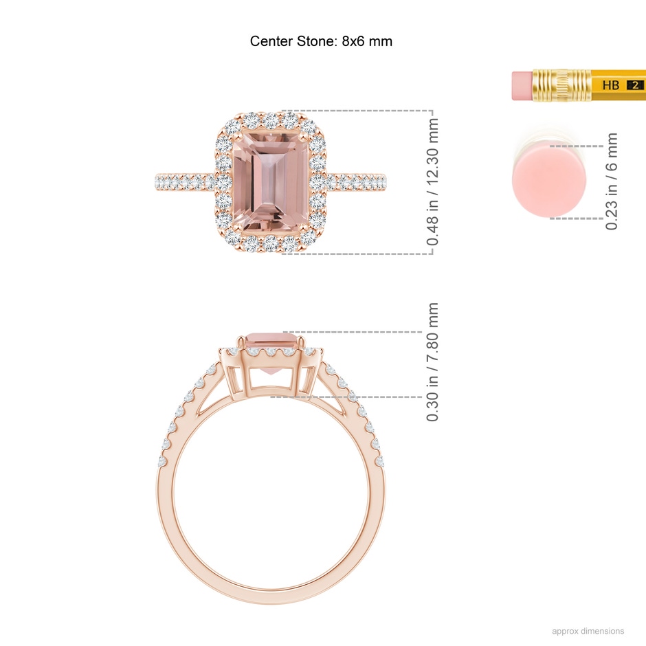 8x6mm AAAA Emerald-Cut Morganite Halo Ring in Rose Gold ruler