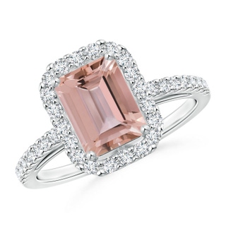 8x6mm AAAA Emerald-Cut Morganite Halo Ring in White Gold