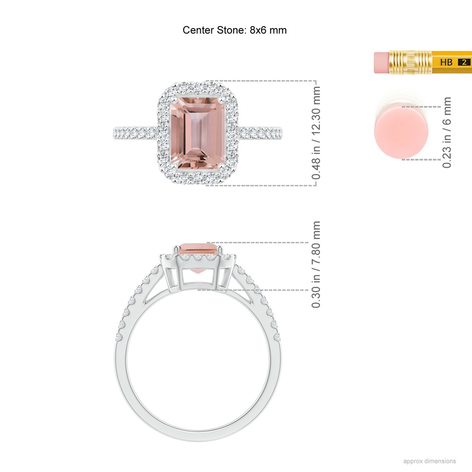 8x6mm AAAA Emerald-Cut Morganite Halo Ring in White Gold ruler