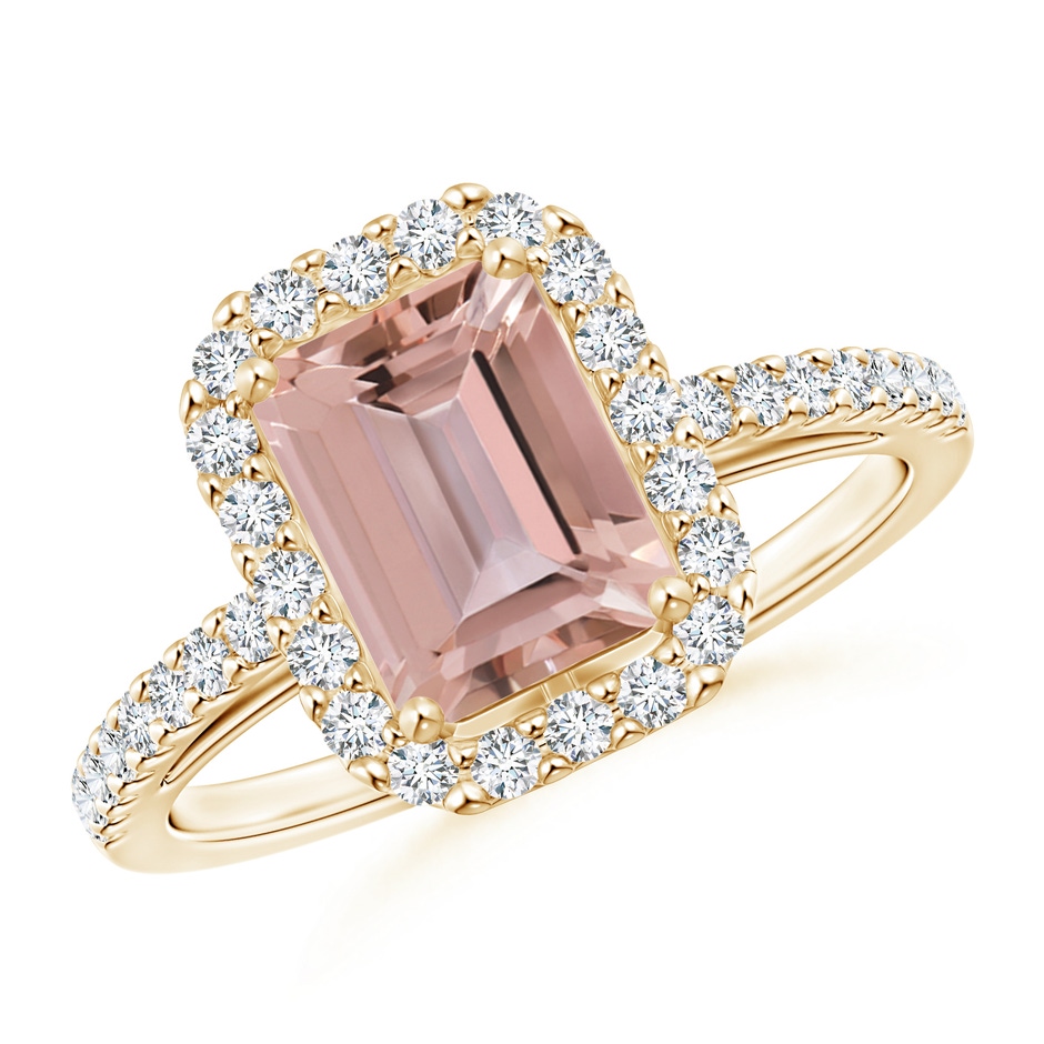 8x6mm AAAA Emerald-Cut Morganite Halo Ring in Yellow Gold 