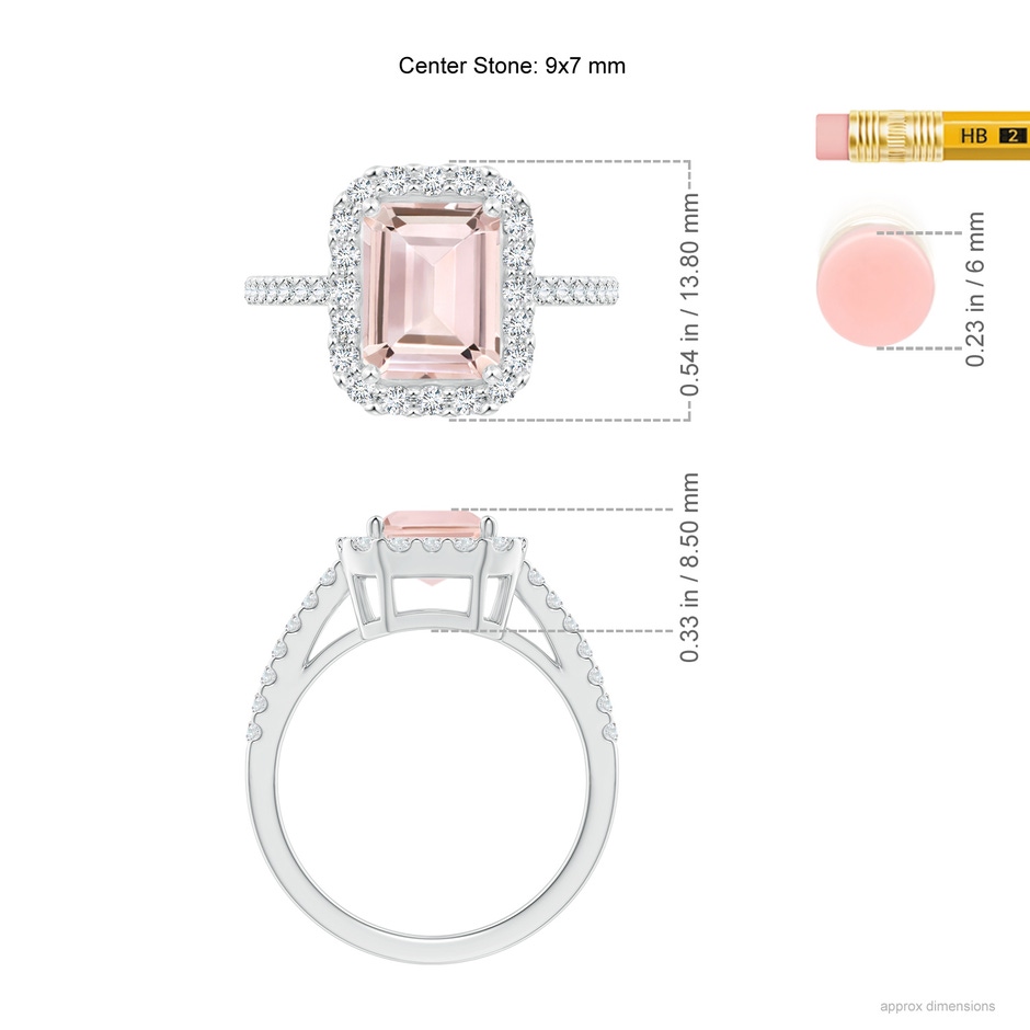 9x7mm AA Emerald-Cut Morganite Halo Ring in White Gold ruler