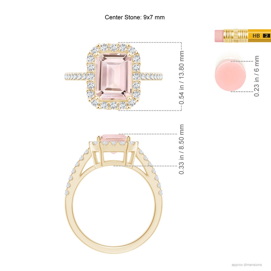 9x7mm AA Emerald-Cut Morganite Halo Ring in Yellow Gold ruler
