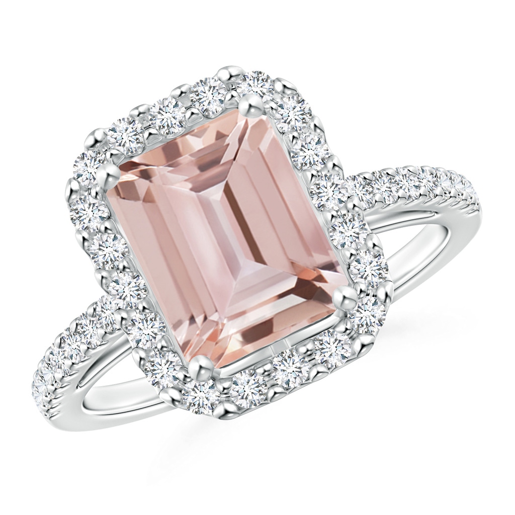 9x7mm AAA Emerald-Cut Morganite Halo Ring in White Gold
