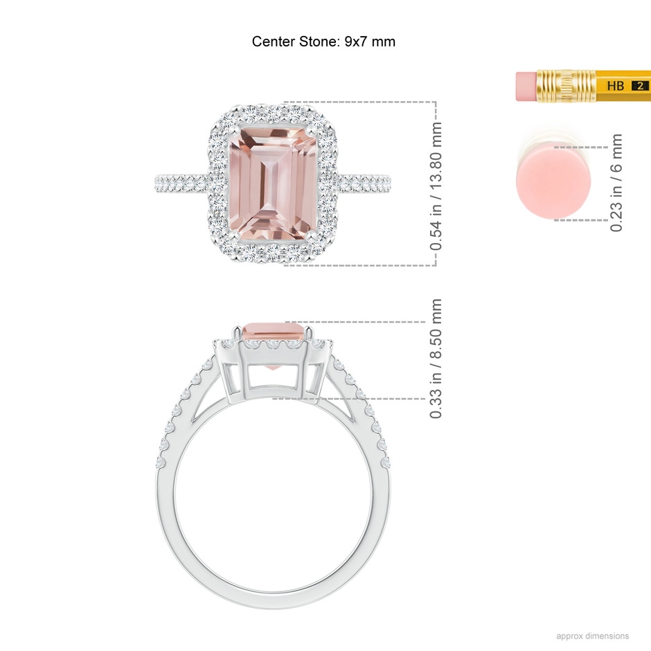 9x7mm AAA Emerald-Cut Morganite Halo Ring in White Gold ruler