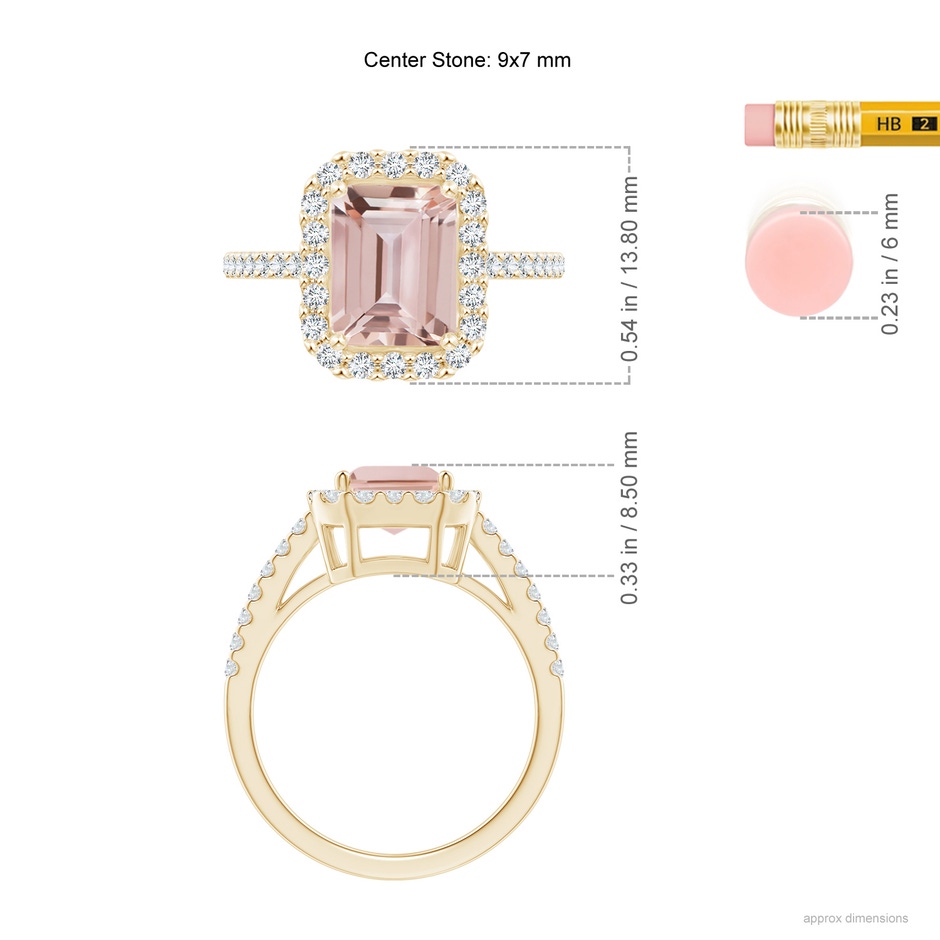 9x7mm AAA Emerald-Cut Morganite Halo Ring in Yellow Gold ruler