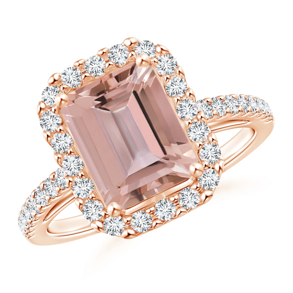 9x7mm AAAA Emerald-Cut Morganite Halo Ring in Rose Gold 