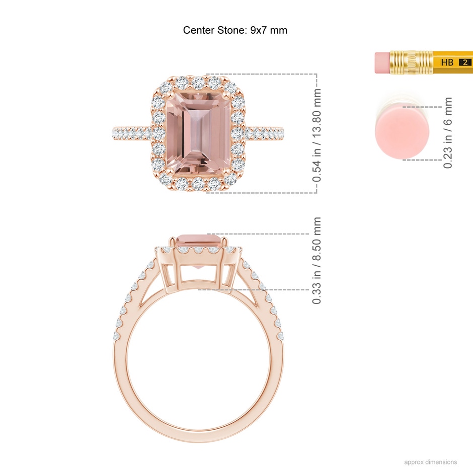 9x7mm AAAA Emerald-Cut Morganite Halo Ring in Rose Gold ruler