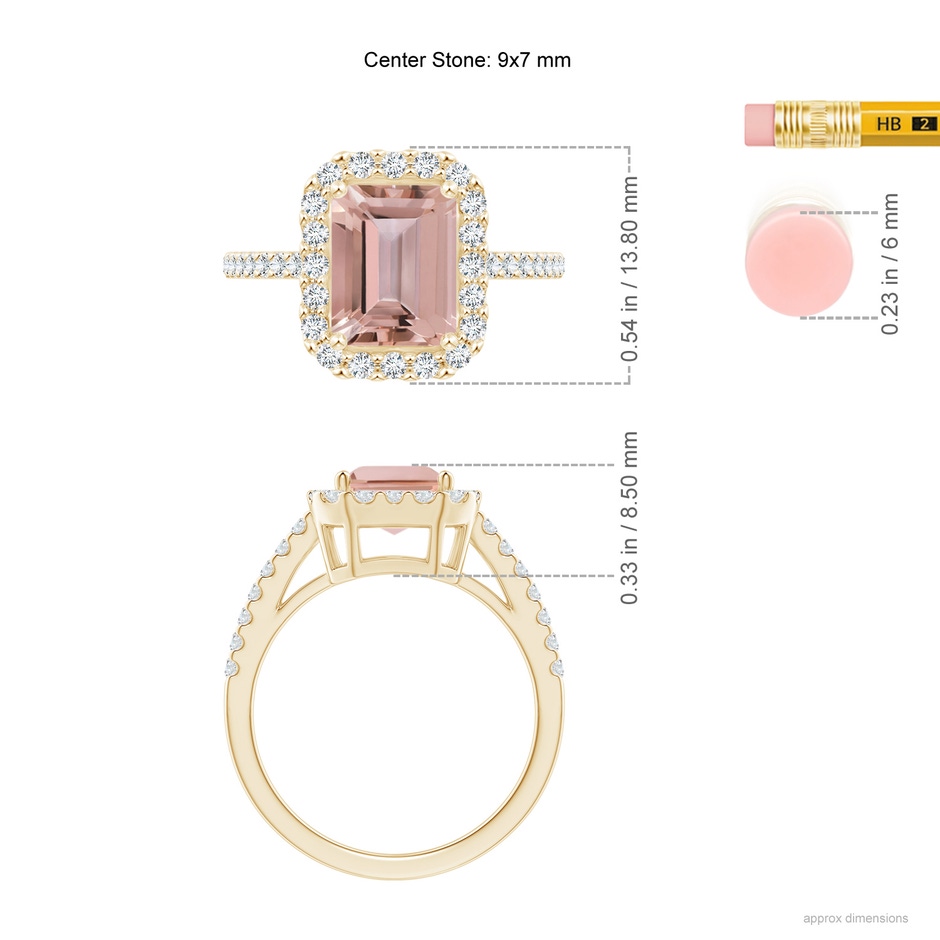 9x7mm AAAA Emerald-Cut Morganite Halo Ring in Yellow Gold ruler